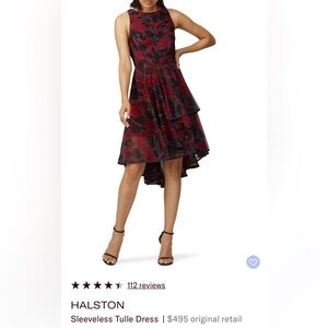 Halston Red and Black sleeveless Tulle High-Low Dress